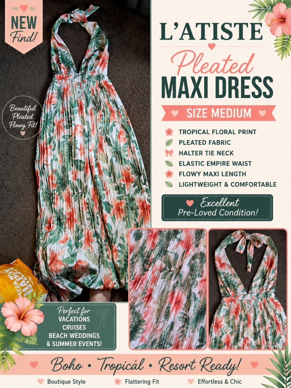 L'ATISTE Pleated Halter Maxi Dress - Green & Coral